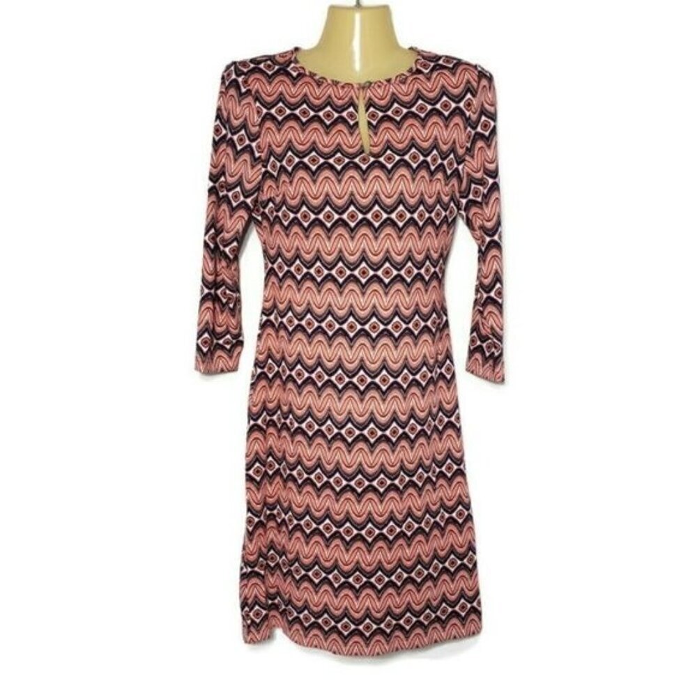 Ellie Kai Geometric Print‎ 3/4 Sleeve Keyhole Neck Dress Women's Size 00